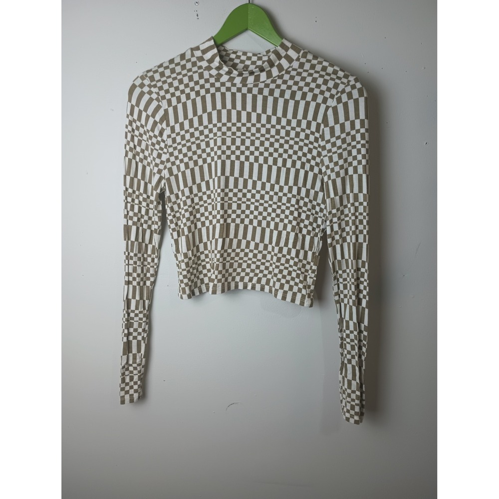 PacSun PacCares Women Brown White Warped Checkerboard Mock Neck Crop Top Medium